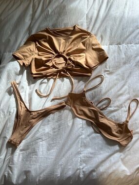 SKIMS Tan Three-Piece Bikini Set